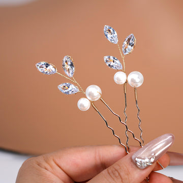 CZ Sparkling Leaves In Pearly Garden Set of 2 Hair Pins , Swarovski Hair pins Set, Bridal Hair Accessories, Pearl hair pins, Gift For Her